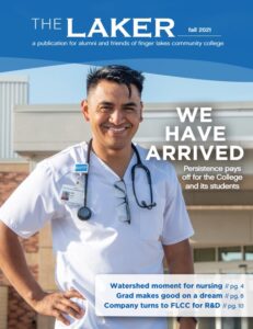 Cover of the Laker magazine showing a male nurse in front of a hospital