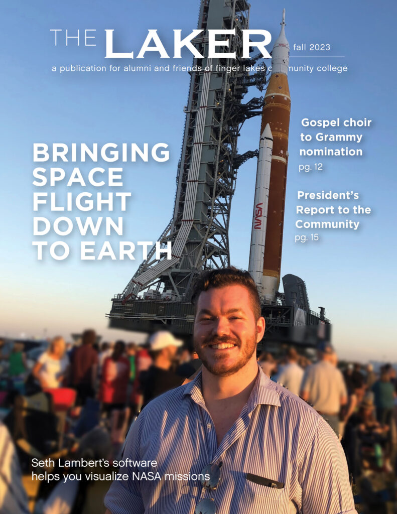 Laker magazine cover showing a man in front of a NASA rocket