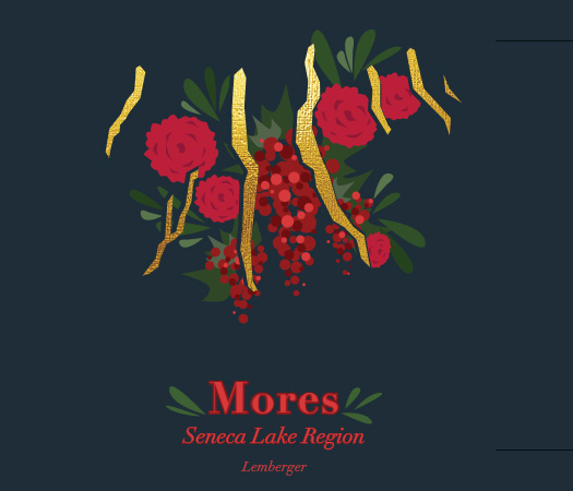 Wine Label showing finger lakes superimposed on a grape vine