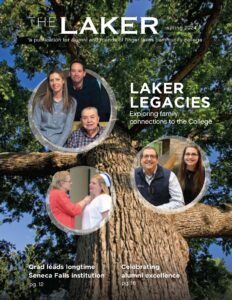 Laker magazine cover showing 3 family photos over backdrop of a large tree
